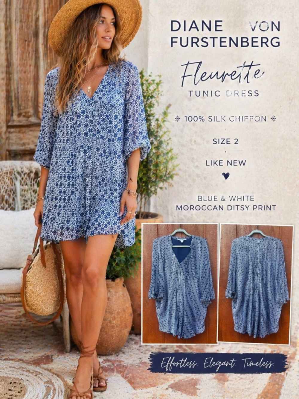 Diane von Furstenberg Fleurette Silk Tunic Dress Blue White Moroccan Print Sz 2